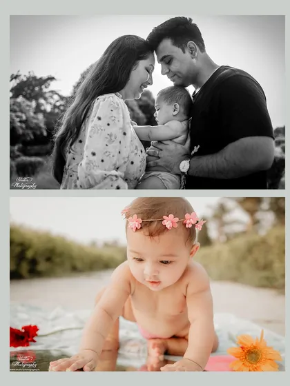 This collage pairs an intimate black and white family portrait with a solo shot of their baby girl, telling a complete story of love and celebration for her first birthday.