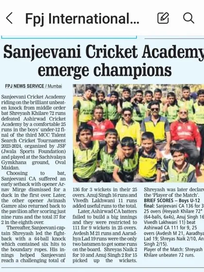 Our U-12 championship win featured in the FPJ newspaper, a great recognition for the team's efforts.