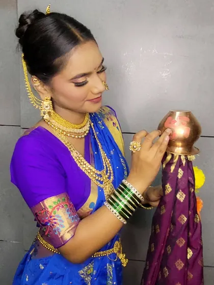 A close-up of the Gudi Padwa look, showing the flawless base makeup and soft, shimmering eyeshadow.
