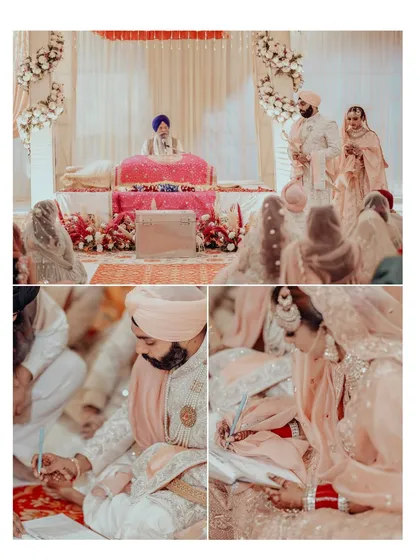 A collage capturing the solemnity of the Anand Karaj, including the signing of the marriage certificate.