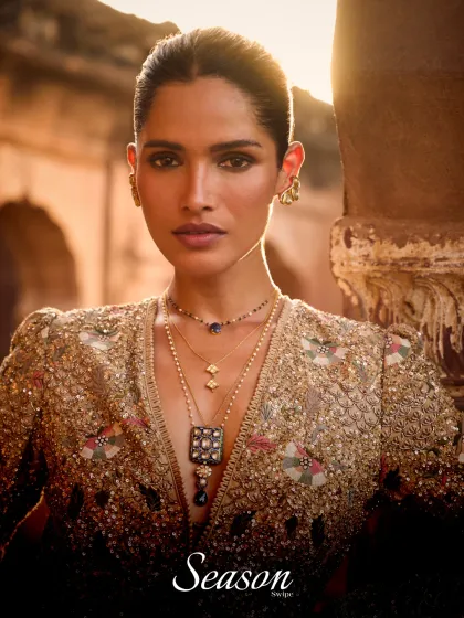 A preview of the Jayanti Reddy collection, known for its structured forms and signature detailing. This embellished jacket is a timeless statement piece, reimagined for today.