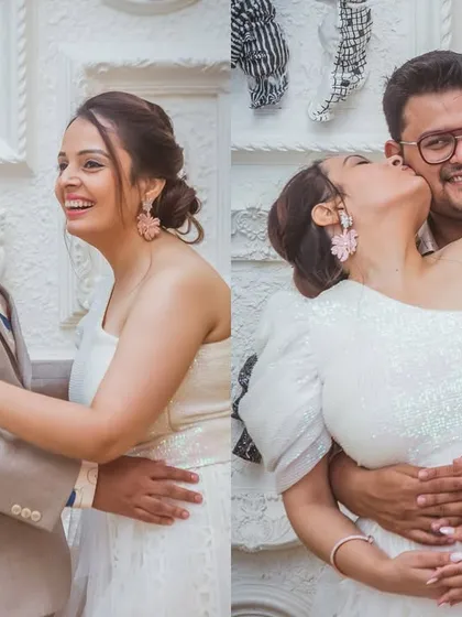A two-panel image showing the couple's fun and affectionate side during their anniversary party. One side captures a big laugh, the other a sweet kiss on the cheek.