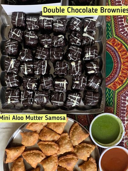 The perfect party combination of sweet and savory: my fudgy Double Chocolate Brownies and crispy Mini Aloo Mutter Samosas with dipping chutneys.