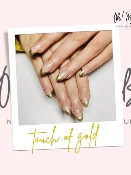 A touch of gold. This elegant design features a classic French manicure with the tips finished in a brilliant, reflective gold chrome.