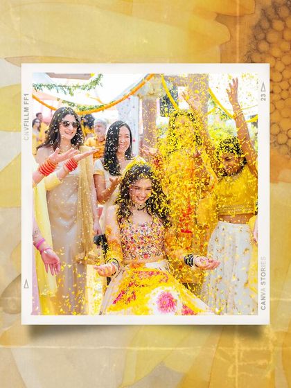 An artistic edit of a bride being showered with flowers, framed to look like a vintage film still.