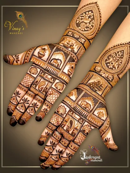 A unique storyteller design with different traditional motifs like elephants, paisleys, and pots in separate blocks, creating a grid of beautiful art.