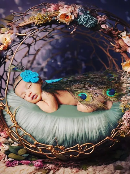 A sleeping newborn with delicate peacock feathers arranged as a tail, resting in a beautiful, ornate nest.