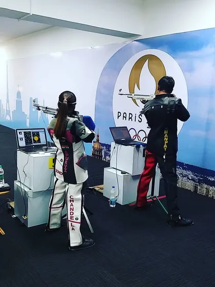 High-performance training in action. Two of our elite shooters, Apurvi Chandela and I, train side-by-side, preparing for the Paris Olympics.