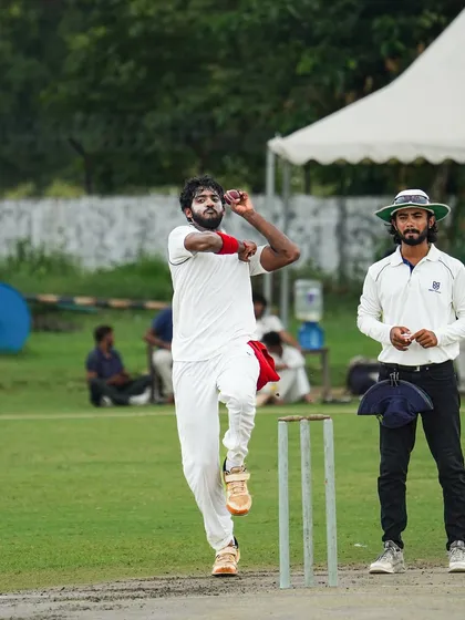 Another one of our bowlers in action during a Test match. The focus and determination are clear, showcasing the mental strength we build in our players.