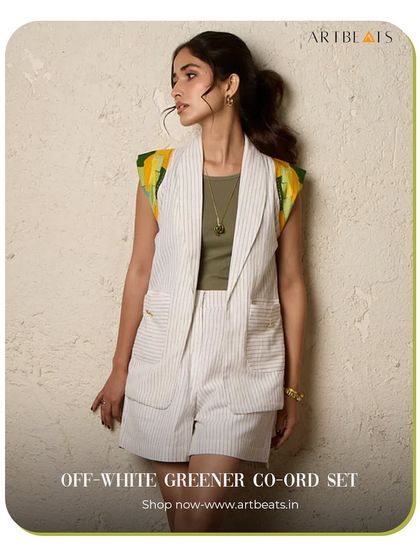 The Off-White Greener Co-ord Set, a perfect choice for the matcha girlies. The clean lines of the striped waistcoat and shorts are accented with pops of green and yellow art.