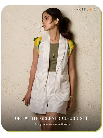 The Off-White Greener Co-ord Set, a perfect choice for the matcha girlies. The clean lines of the striped waistcoat and shorts are accented with pops of green and yellow art.