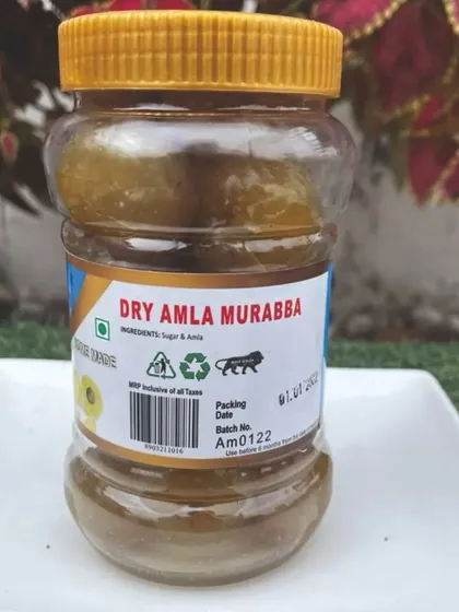The front label of our Dry Amla Murabba jar, showing the simple ingredients: just sugar and amla. We believe in keeping our recipes pure and honest.