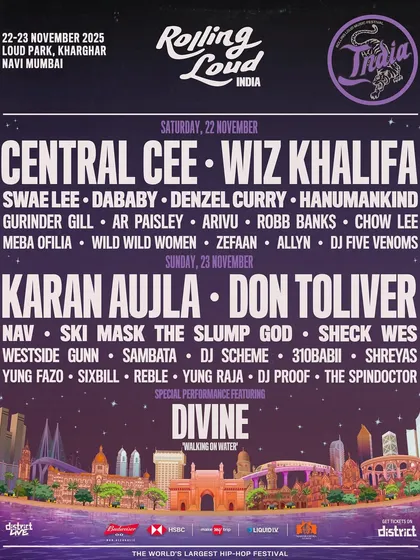 The full lineup for Rolling Loud India, placing me alongside global hip-hop giants like Wiz Khalifa, Central Cee, and Don Toliver. It shows the caliber of events I'm a part of.