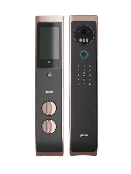 This Ozone smart lock integrates a video screen directly into the handle, allowing you to see who is at the door from the inside unit. It combines the function of a video doorbell and a digital lock in one sleek package.