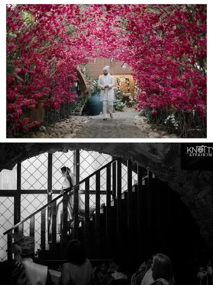 The bride and groom's separate entrances, captured with an artistic eye. The groom walks through a stunning tunnel of pink bougainvillea, while the bride descends a staircase in a dramatic black and white shot.