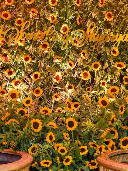 We believe in celebrating traditions with a touch of sunshine. This Haldi photo backdrop is a joyful explosion of sunflowers, creating a vibrant and happy wall of gold that perfectly captures the spirit of the ceremony.