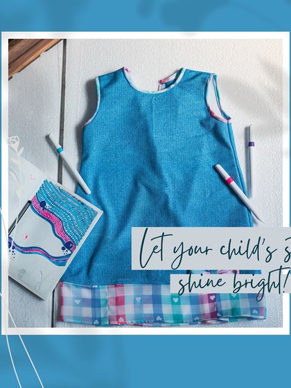 A graphic featuring my denim and plaid dress, with the message "Let your child's style shine bright!" I believe fashion is a wonderful way for kids to express themselves.