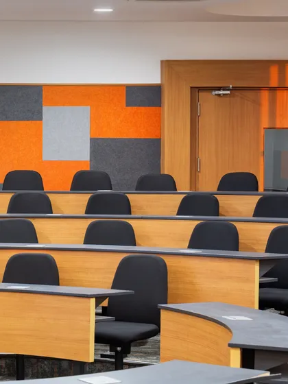 Detail of the acoustic wall paneling in a GL Bajaj University classroom. We use materials that enhance acoustics to minimize distractions and create a focused learning environment.