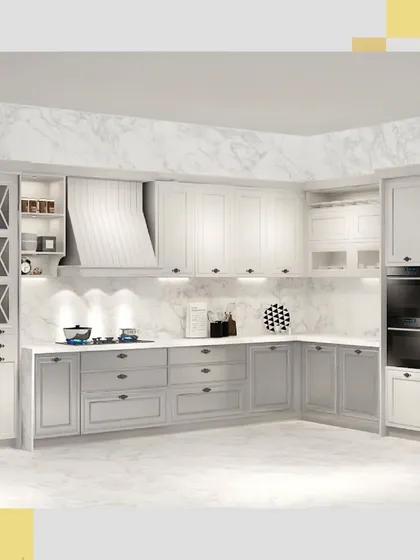This perspective shows the L-shaped section of the kitchen, with the hob, range hood, and integrated oven unit, all in a cohesive white and grey palette.