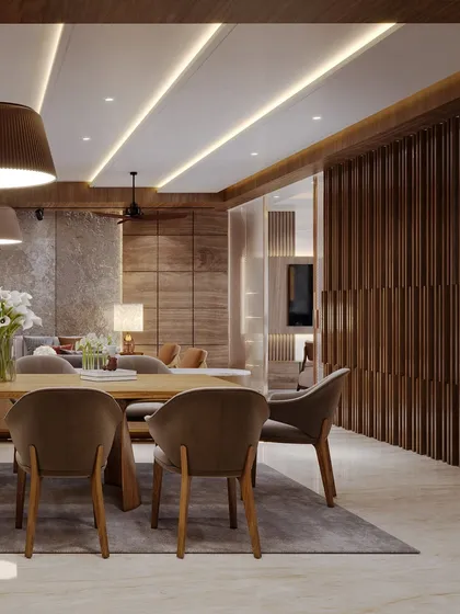 The dining area of the suite, with the wooden partition creating a sense of separation without closing off the space.