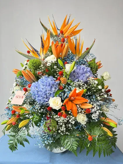 A celebration of color and texture. This vibrant floral hamper brings together exotic bird of paradise flowers, orange lilies, and blue hydrangeas to create a joyful and eye-catching gift for any occasion.