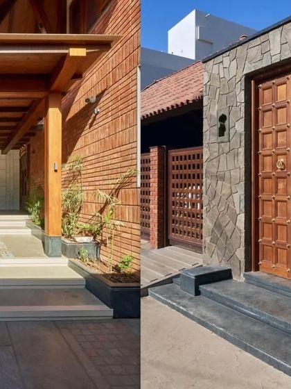 The entrance sequence features a mix of materials, including exposed brick, random rubble stone, and a beautifully detailed traditional wooden door.