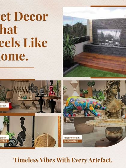 This graphic highlights our range of decor and artifacts, from stylish sculptures to serene water features, that make a space feel like home.