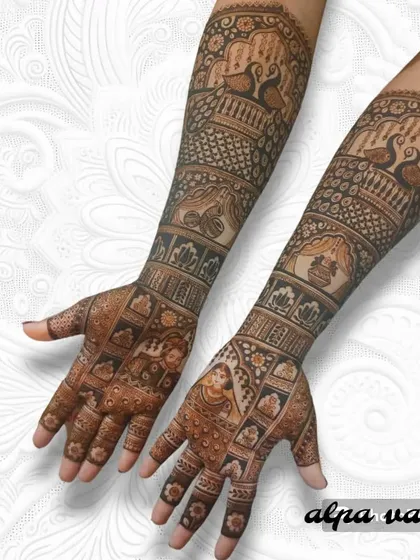 A full bridal design featuring a bride's portrait on one palm and various wedding symbols like a doli and kalash on the other.