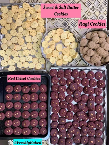 A cookie for every craving. Here are my freshly baked Red Velvet Cookies, Sweet & Salt Butter Cookies, and healthy Ragi Cookies, all made from scratch in my kitchen.