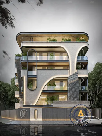 This facade in Safdarjung Development Area showcases a captivating interplay of textures and forms. Sleek aluminum shingles, rugged concrete, and fluidly shaped flexible tiles converge to create a dynamic visual narrative.