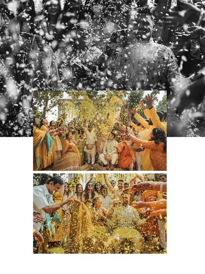 A black and white collage of the couple being showered with petals, creating a timeless and dramatic effect.