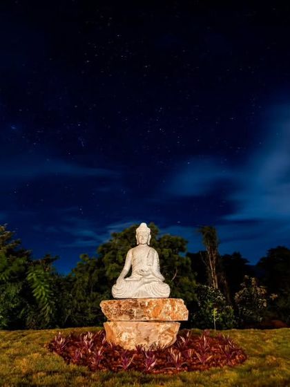 A serene Buddha statue under a starry night sky at a retreat in Chikmagalur. This image captures the peaceful and spiritual atmosphere you can find here, perfect for meditation and quiet reflection.