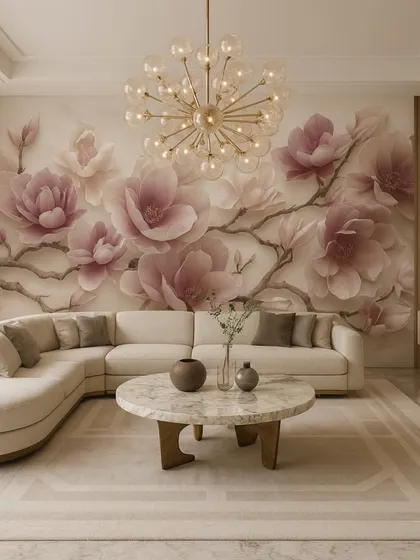 A perfect example of how our 3D floral murals can soften a modern living room. This design features large, embossed pink flowers on a subtle background, creating a serene and sophisticated atmosphere that feels both grand and inviting.