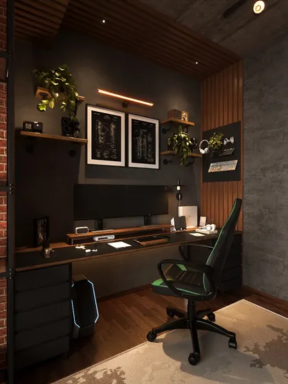 This home office is unapologetically bold, a true man cave in the making. The setup includes a dual-monitor display on a dark wood desk, with industrial-style shelving and a gaming chair.