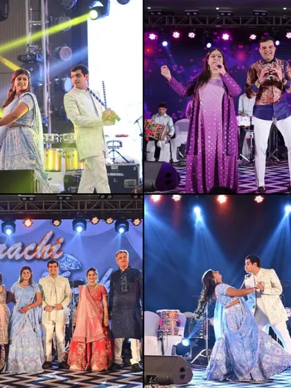 A collage of moments from a lively Sangeet and Dandiya night, showing the couple dancing, singing, and celebrating with their families.