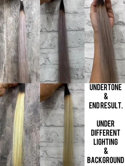 This shows the science behind color. You can see the starting undertone, the final result, and how it appears under different lighting. Understanding this helps us create the perfect custom color for you.