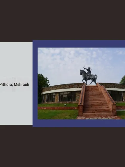 The modern statue of Prithviraj Chauhan at Qila Rai Pithora in Mehrauli. This site is associated with the 12th-century Chauhan king, and our walk here delves into the process of how history and memory are constructed around such figures.