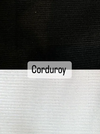 Swatches of my corduroy fabric, available in classic colors like black and white. This soft, ribbed fabric is perfect for custom trousers and jackets.