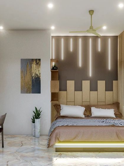 A modern bedroom design with a unique headboard that extends up the wall with vertical slats and integrated lighting. The room also includes a sleek, wall-mounted study desk and shelving unit.