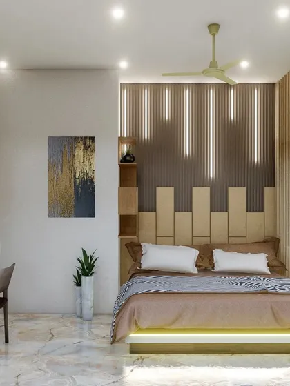 A modern bedroom design with a unique headboard that extends up the wall with vertical slats and integrated lighting. The room also includes a sleek, wall-mounted study desk and shelving unit.