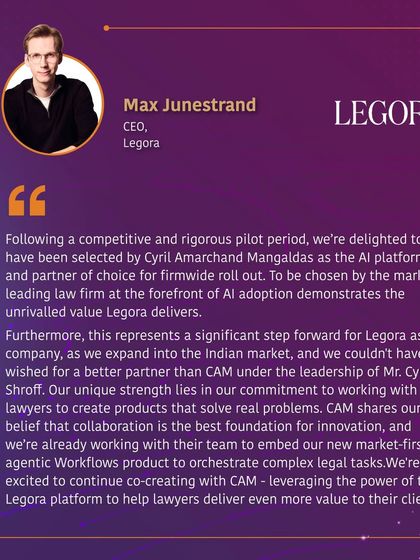A testimonial from Max Junestrand, CEO of Legora, on our partnership. Being chosen by a market-leading law firm like ours validates their AI platform and marks a significant step in our journey to orchestrate complex legal tasks using agentic AI workflows.