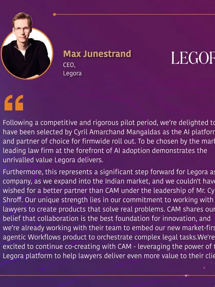 A testimonial from Max Junestrand, CEO of Legora, on our partnership. Being chosen by a market-leading law firm like ours validates their AI platform and marks a significant step in our journey to orchestrate complex legal tasks using agentic AI workflows.