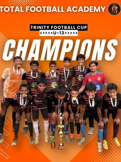 Our U13 team celebrating their championship win at the Trinity Football Cup. We train our players for high-pressure finals.