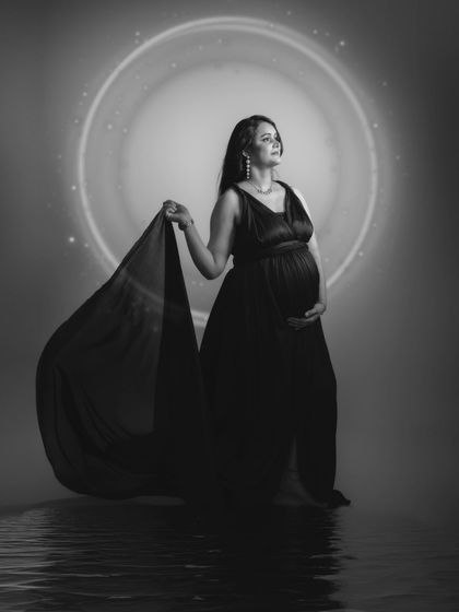 A celestial dream in black and white. This AI-enhanced portrait offers a timeless and elegant version of our surreal moonlit scene.