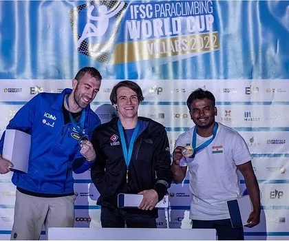 On the podium with a bronze medal at the IFSC Paraclimbing World Cup in Villars, Switzerland. Every competition is a learning experience, and I'm always happy to represent India.