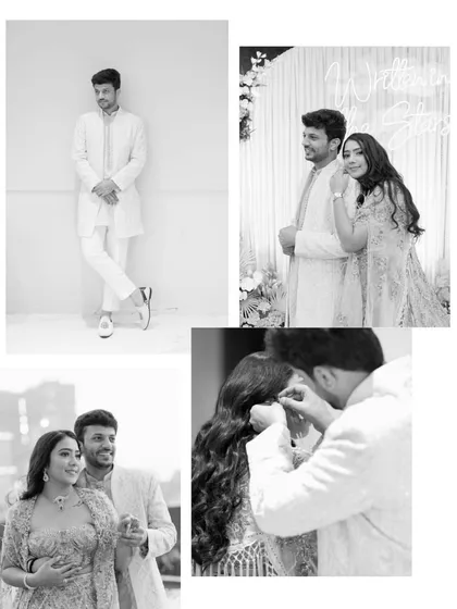 Black and white portraits from Aayushi and Ameya's event. This selection highlights their emotions and interactions, from a solo portrait of the groom to the intimate moment of the ring exchange.