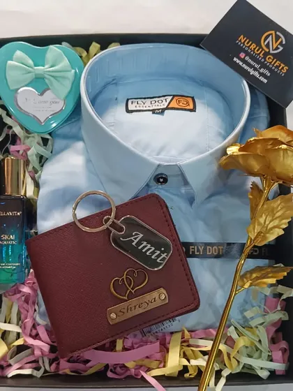 Another view of the Valentine's special gift hamper, showing the personalized wallet, shirt, and golden rose, ready to be gifted.