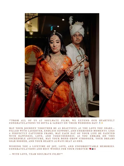 A powerful portrait of the bride and groom, with the bride holding a traditional kirpan. This image is accompanied by a heartfelt congratulatory note.