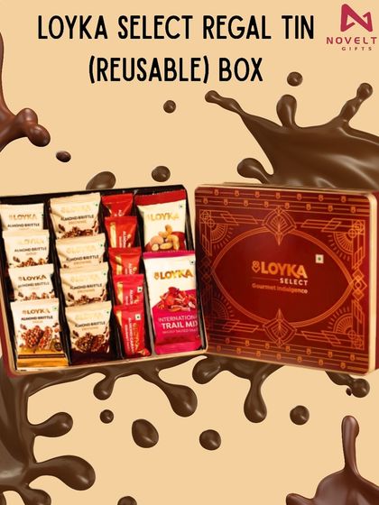 The Loyka Select Regal Tin is a gift that keeps on giving. This reusable tin box is filled with a premium selection of almond brittles and trail mixes.