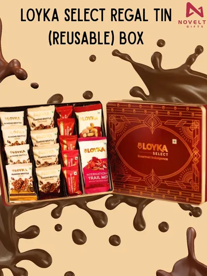 The Loyka Select Regal Tin is a gift that keeps on giving. This reusable tin box is filled with a premium selection of almond brittles and trail mixes.